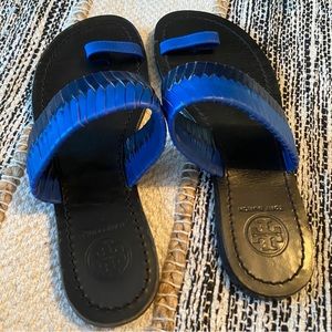TORY BURCH Sandals Women Blue Leather Flip Flop Flat Summer Strappy Toe Size 5.5